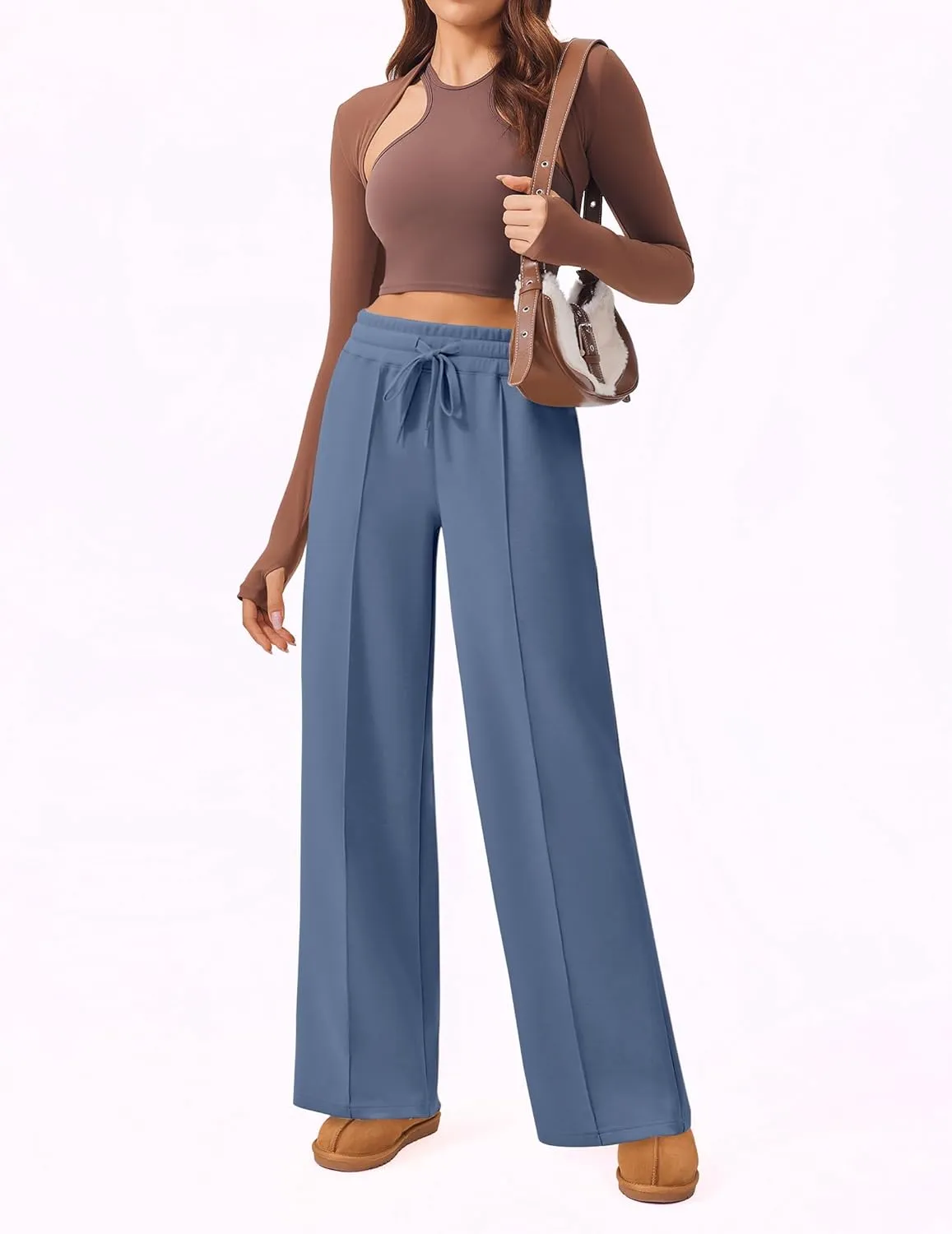 PINSPARK Wide Leg Sweatpants Women High Waisted Baggy Sweat Pants Elastic Elevated Seams Loose Active Pants with Pockets