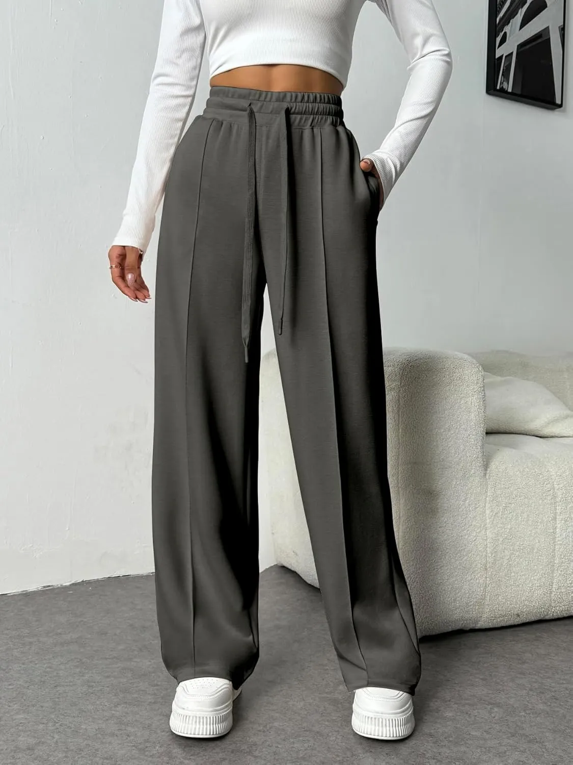 PINSPARK Wide Leg Sweatpants Women High Waisted Baggy Sweat Pants Elastic Elevated Seams Loose Active Pants with Pockets