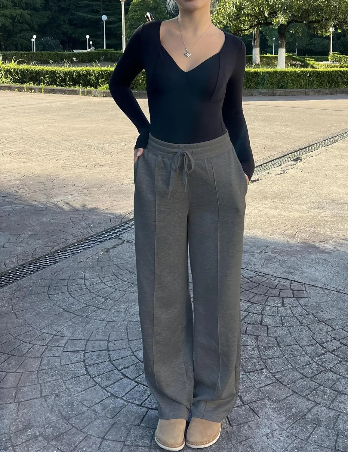 PINSPARK Wide Leg Sweatpants Women High Waisted Baggy Sweat Pants Elastic Elevated Seams Loose Active Pants with Pockets