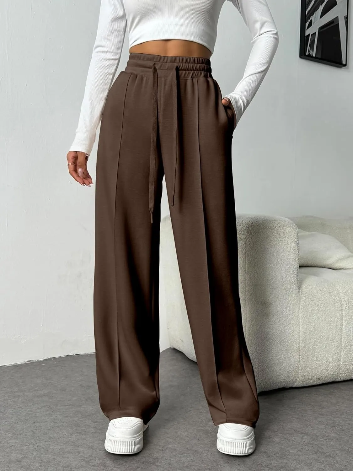 PINSPARK Wide Leg Sweatpants Women High Waisted Baggy Sweat Pants Elastic Elevated Seams Loose Active Pants with Pockets