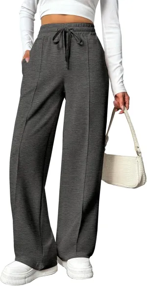 PINSPARK Wide Leg Sweatpants Women High Waisted Baggy Sweat Pants Elastic Elevated Seams Loose Active Pants with Pockets