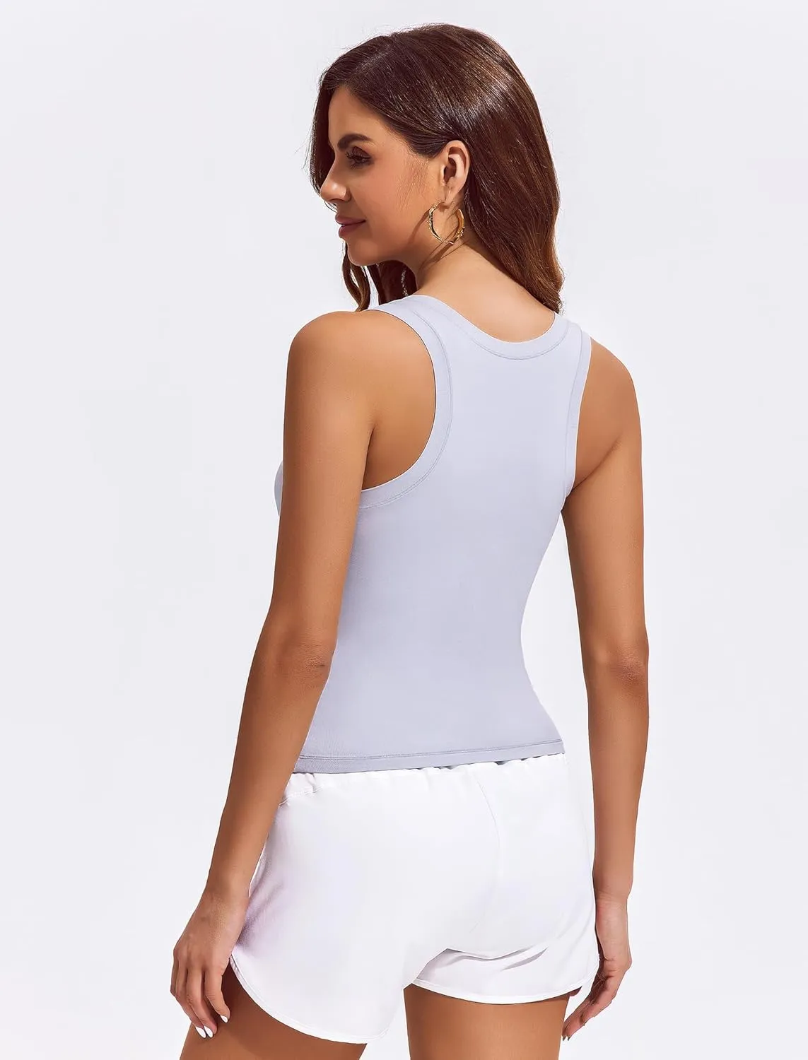 PINSPARK Workout Tops for Women Double Lined Athletic Shirts Scoop Neck Racerback Gym Tanks Sleeveless Tight Crop Yoga Top