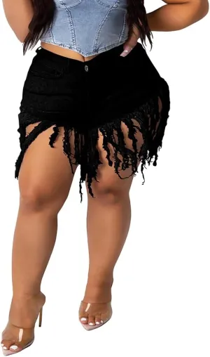 PINSV Women Plus Size Fringe Denim Shorts Tassels Jean Short Pants