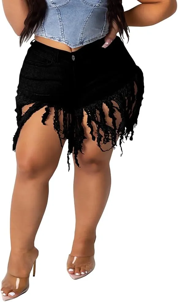 PINSV Women Plus Size Fringe Denim Shorts Tassels Jean Short Pants