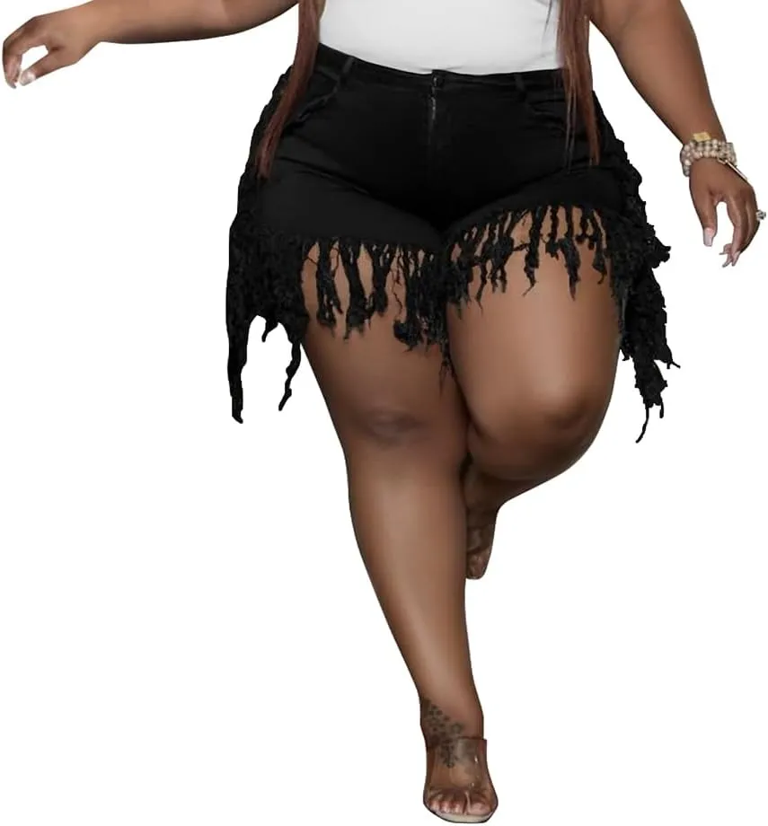 PINSV Women Plus Size Fringe Denim Shorts Tassels Jean Short Pants
