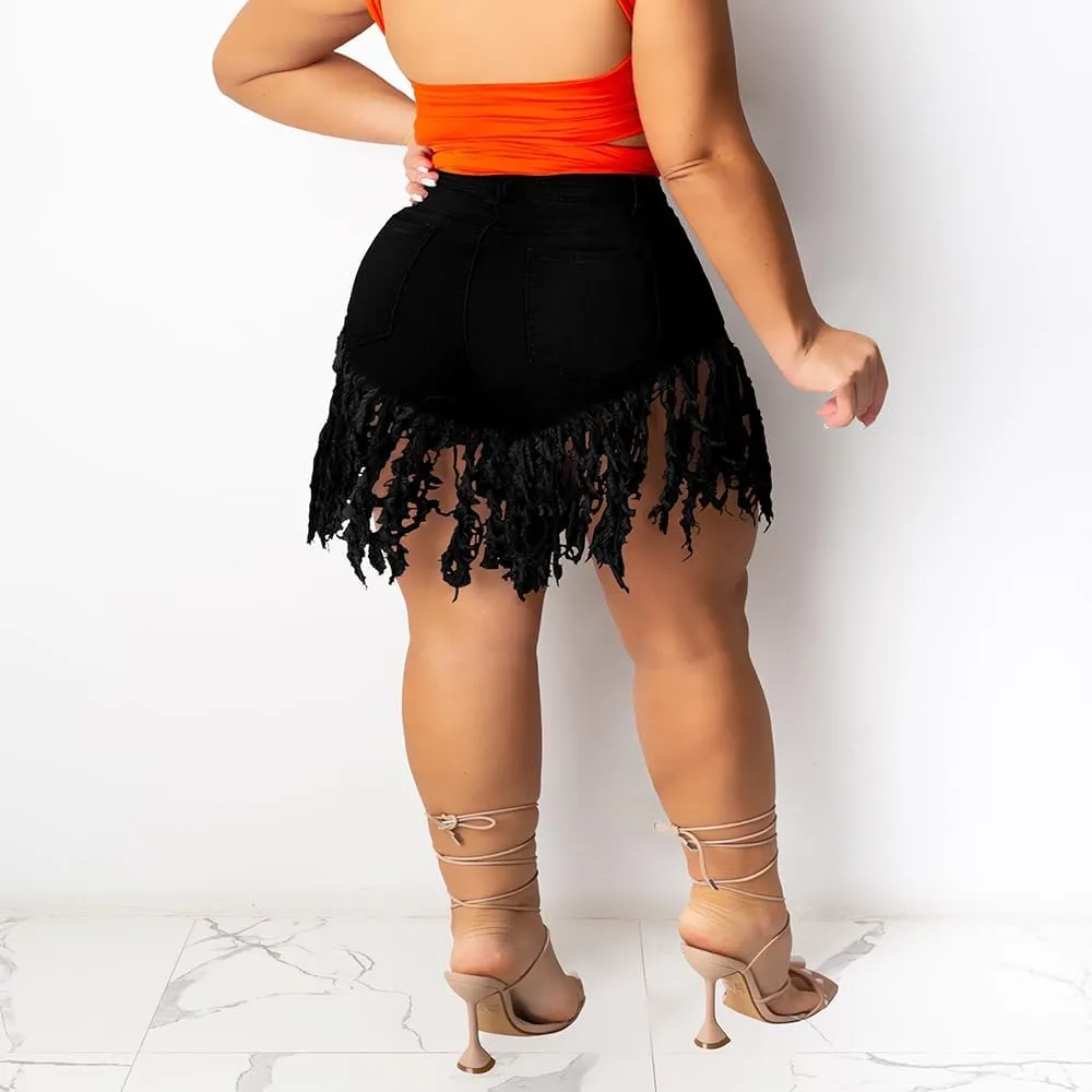 PINSV Women Plus Size Fringe Denim Shorts Tassels Jean Short Pants
