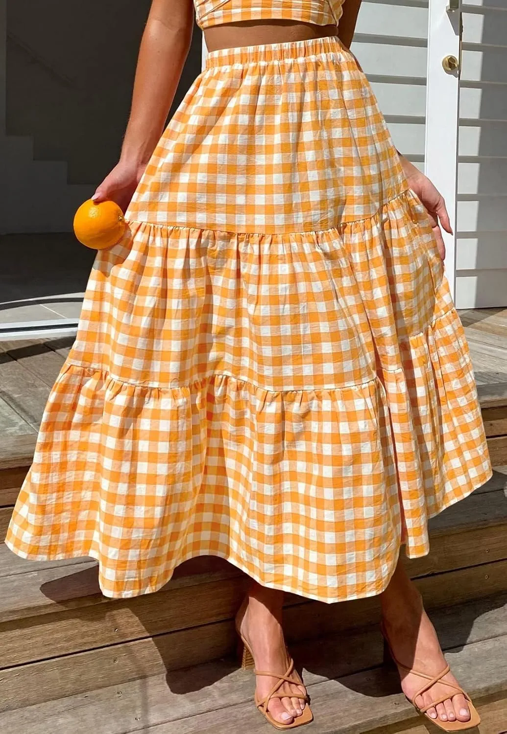 Plaid Skirt Women lastic High Waist Gingham Summer Plus Size Long Skirt A Line Long Skirt