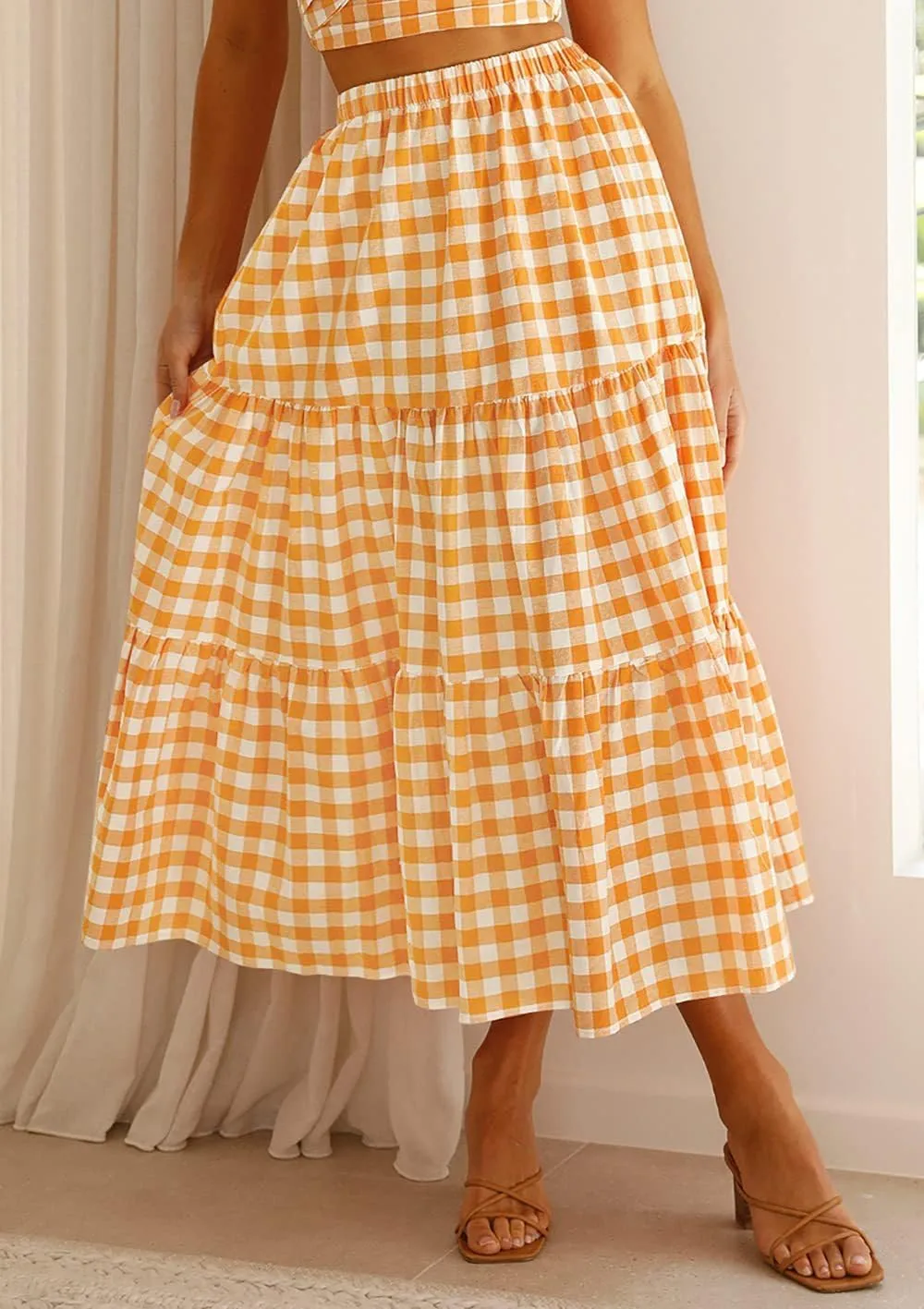 Plaid Skirt Women lastic High Waist Gingham Summer Plus Size Long Skirt A Line Long Skirt
