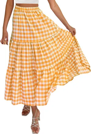 Plaid Skirt Women lastic High Waist Gingham Summer Plus Size Long Skirt A Line Long Skirt