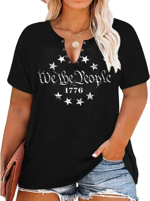 Plus Size USA Flag V-Neck T-Shirt Women Distressed American Flag Graphic Tees Short Sleeve 4th of July Patriotic Tops