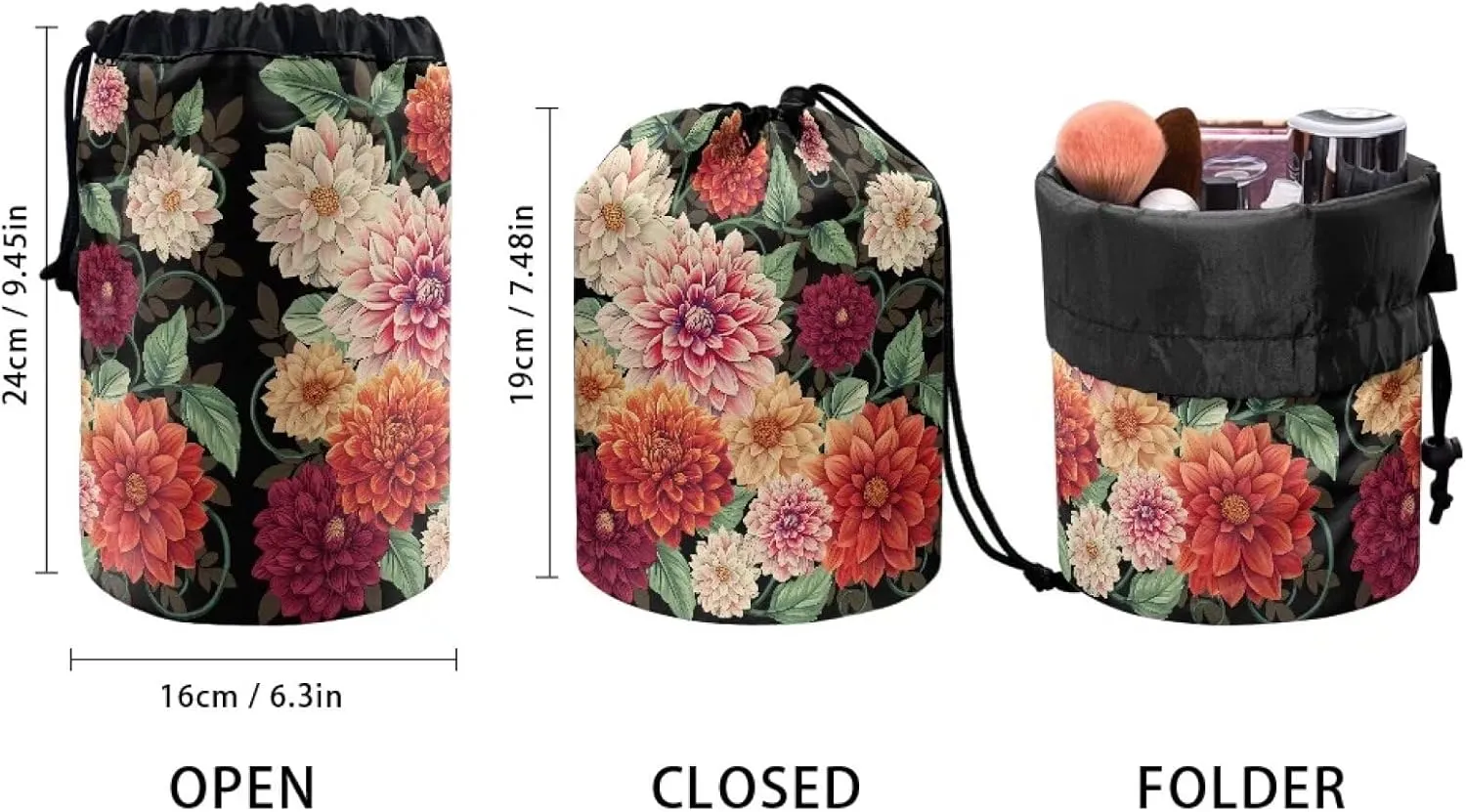 Poceacles Boho Mandala Flower Drawstring Makeup Bag for Women, Large Capacity Bohemian Flower Travel Cosmetic Bag Multi-functional Bucket Toiletry Bag Organizer Storage Pocket