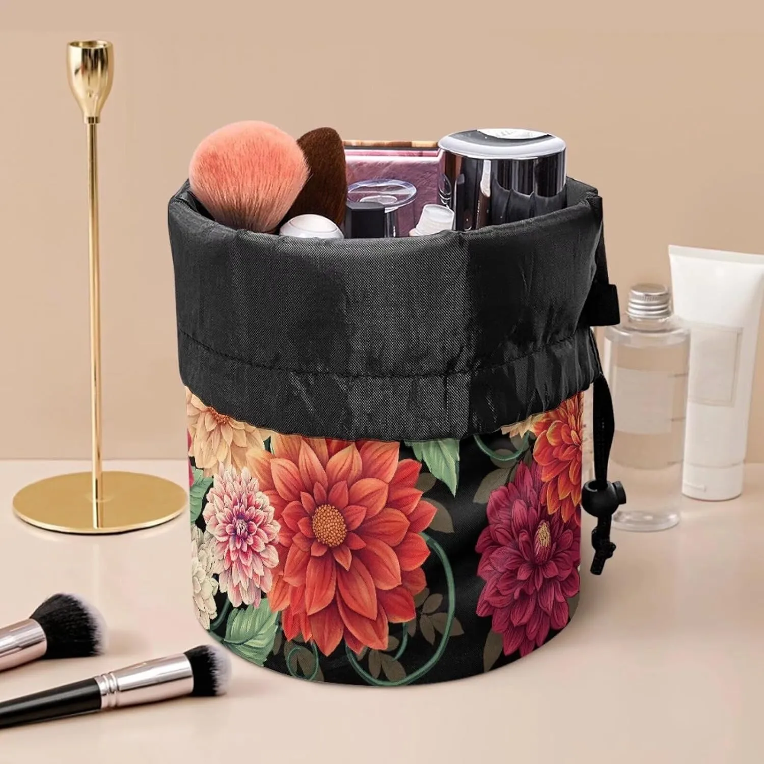 Poceacles Boho Mandala Flower Drawstring Makeup Bag for Women, Large Capacity Bohemian Flower Travel Cosmetic Bag Multi-functional Bucket Toiletry Bag Organizer Storage Pocket