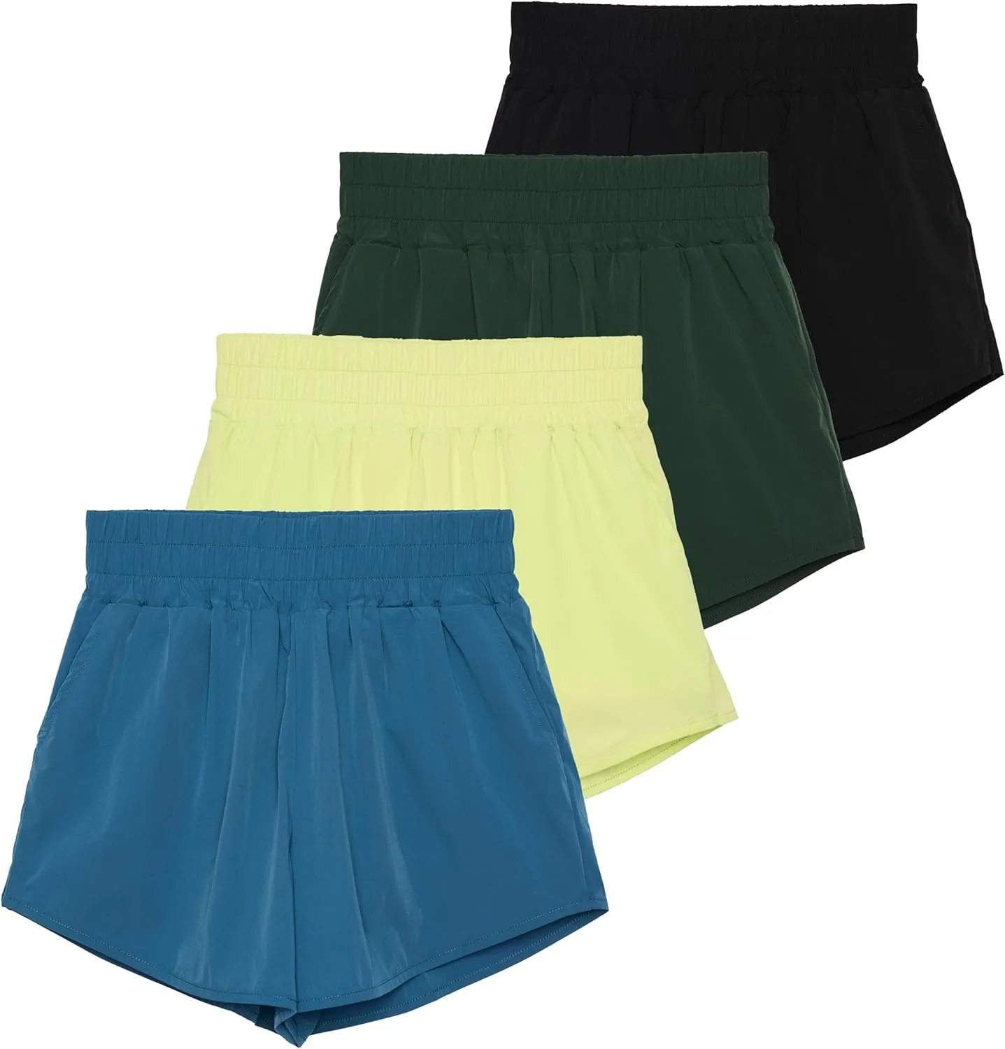 Real Essentials 4 Pack Women's 2.5'' High Waisted Running Shorts with Liner - Quick Dry, Dry Fit, Gym Workout
