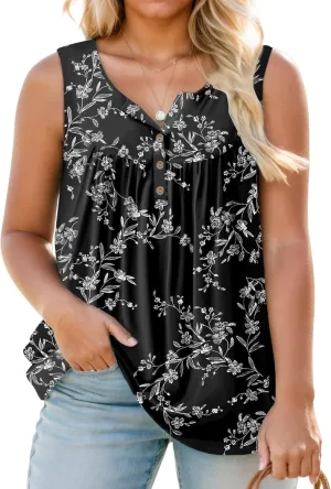 ROSRISS Plus-Size Henley Sleeveless Shirts for Women Summer Casual Tops Buttons Tees 14W-28W