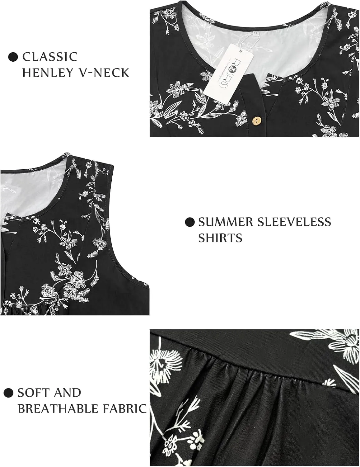ROSRISS Plus-Size Henley Sleeveless Shirts for Women Summer Casual Tops Buttons Tees 14W-28W