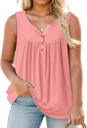 ROSRISS Plus-Size Henley Sleeveless Shirts for Women Summer Casual Tops Buttons Tees 14W-28W