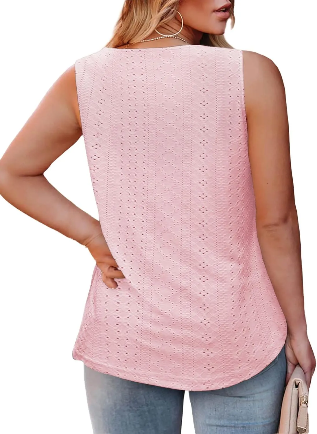 ROSRISS Plus-Size-Tank-Tops Summer Sleeveless Loose Fit Pleated Shirts Square Neck Tunics Eyelet Flowy Tees