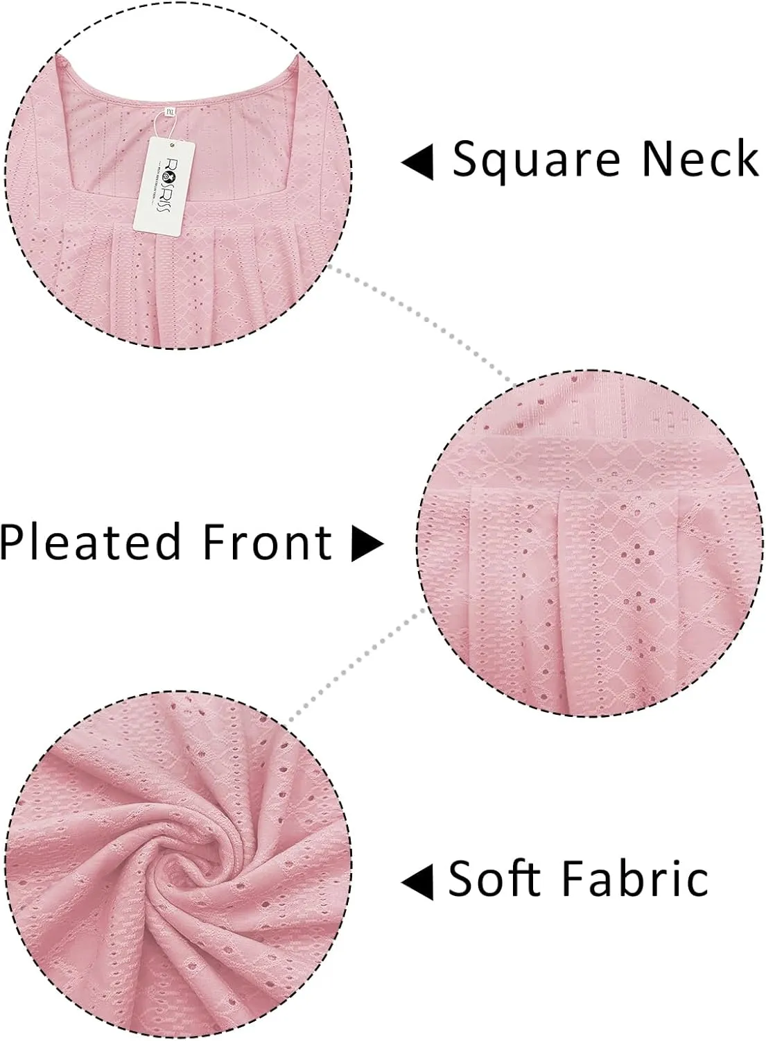 ROSRISS Plus-Size-Tank-Tops Summer Sleeveless Loose Fit Pleated Shirts Square Neck Tunics Eyelet Flowy Tees