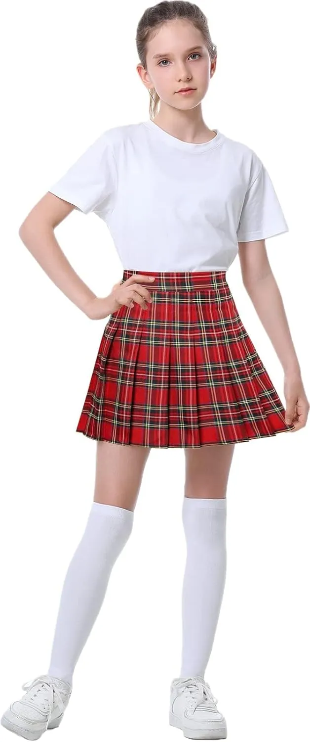 SANGTREE Women Girls Pleated Skirts with Shorts, Elastic Waist Uniform Plus Size Tennis Casual Skirt, 2 Years - US 4XL