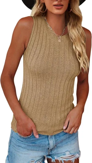 Saodimallsu Womens High Neck Tank Top Summer Ribbed Sleeveless Shirts Casual Loose Knit Cami Sweater Vest