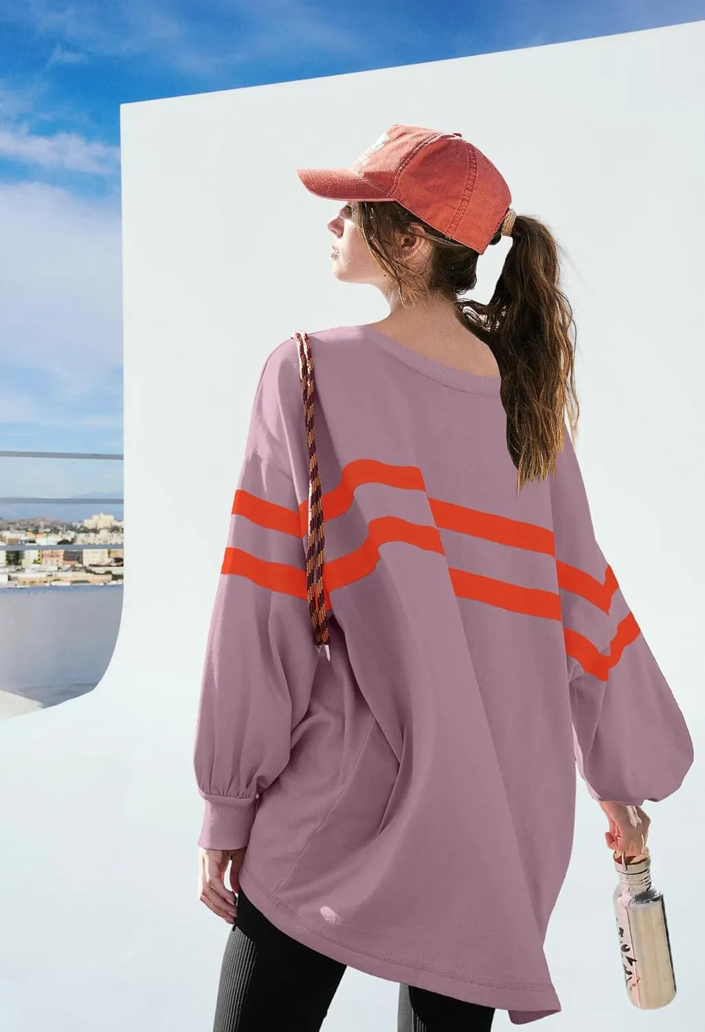 SENSERISE Womens Striped Crewneck Sweatshirts Oversized Lantern Sleeve Color Block Shirts Workout Tops