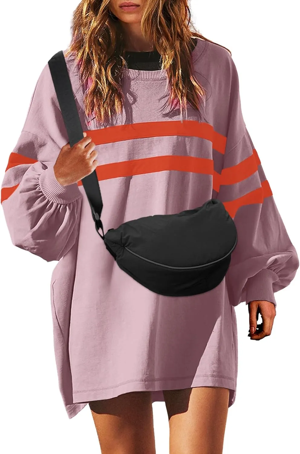 SENSERISE Womens Striped Crewneck Sweatshirts Oversized Lantern Sleeve Color Block Shirts Workout Tops