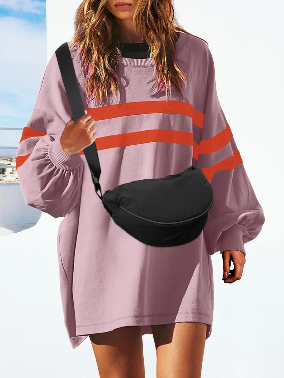 SENSERISE Womens Striped Crewneck Sweatshirts Oversized Lantern Sleeve Color Block Shirts Workout Tops