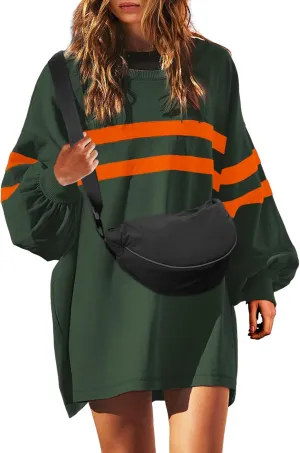 SENSERISE Womens Striped Crewneck Sweatshirts Oversized Lantern Sleeve Color Block Shirts Workout Tops
