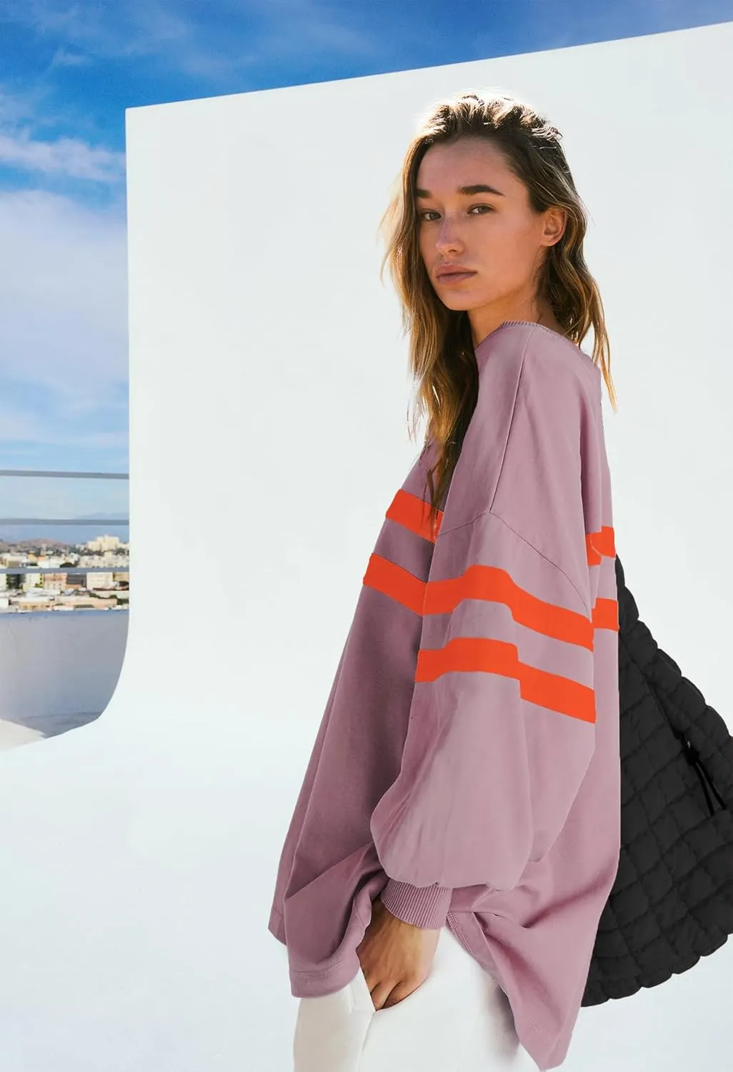 SENSERISE Womens Striped Crewneck Sweatshirts Oversized Lantern Sleeve Color Block Shirts Workout Tops