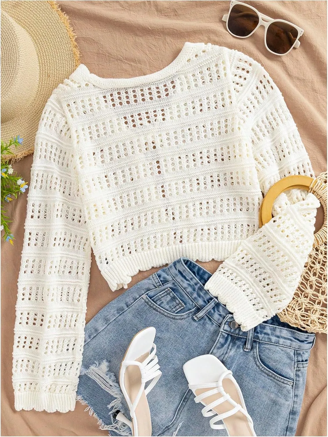 SHENHE Women's Tie Front Hollow Out Cover Up Summer Boho Knit Cardigan Crop Tops