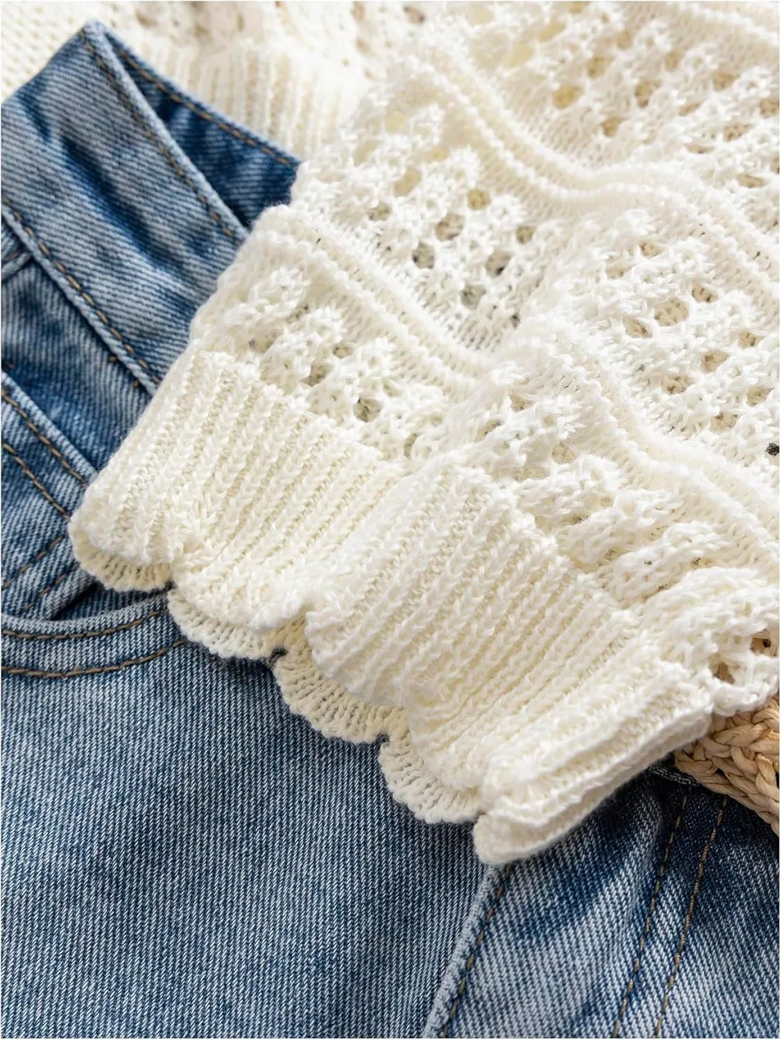 SHENHE Women's Tie Front Hollow Out Cover Up Summer Boho Knit Cardigan Crop Tops