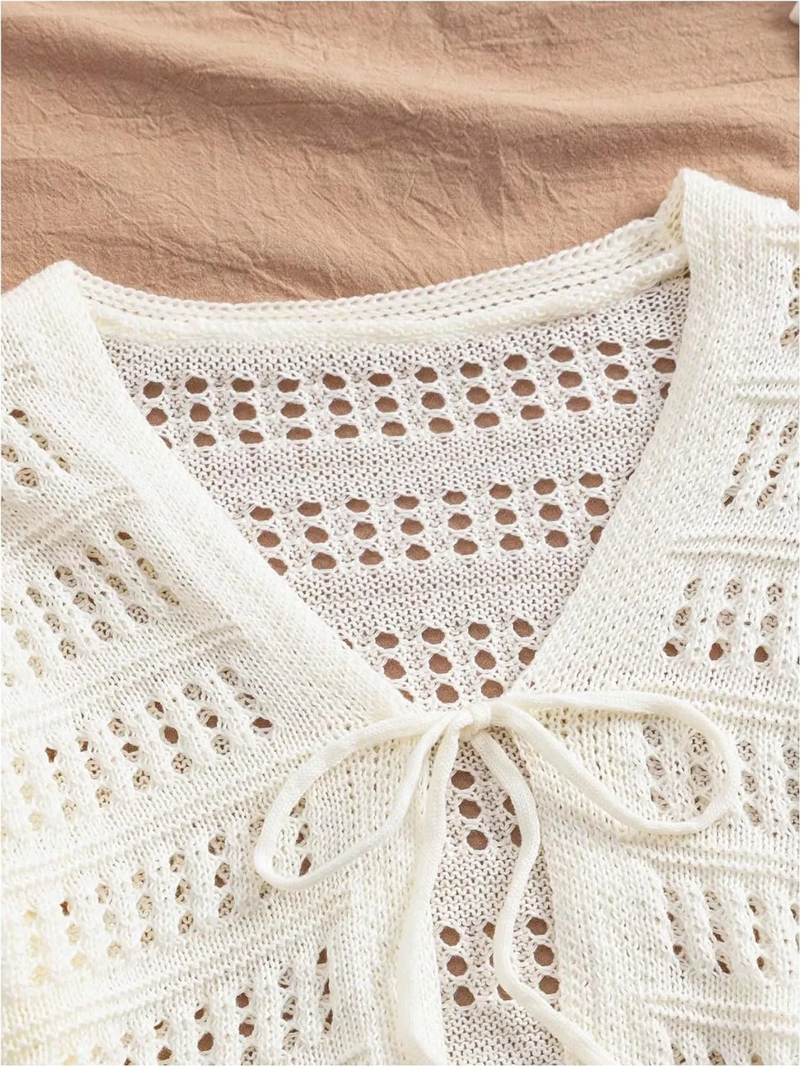 SHENHE Women's Tie Front Hollow Out Cover Up Summer Boho Knit Cardigan Crop Tops