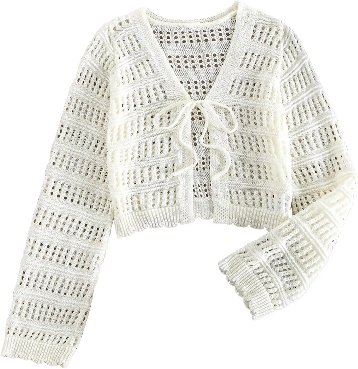 SHENHE Women's Tie Front Hollow Out Cover Up Summer Boho Knit Cardigan Crop Tops