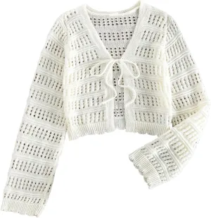 SHENHE Women's Tie Front Hollow Out Cover Up Summer Boho Knit Cardigan Crop Tops