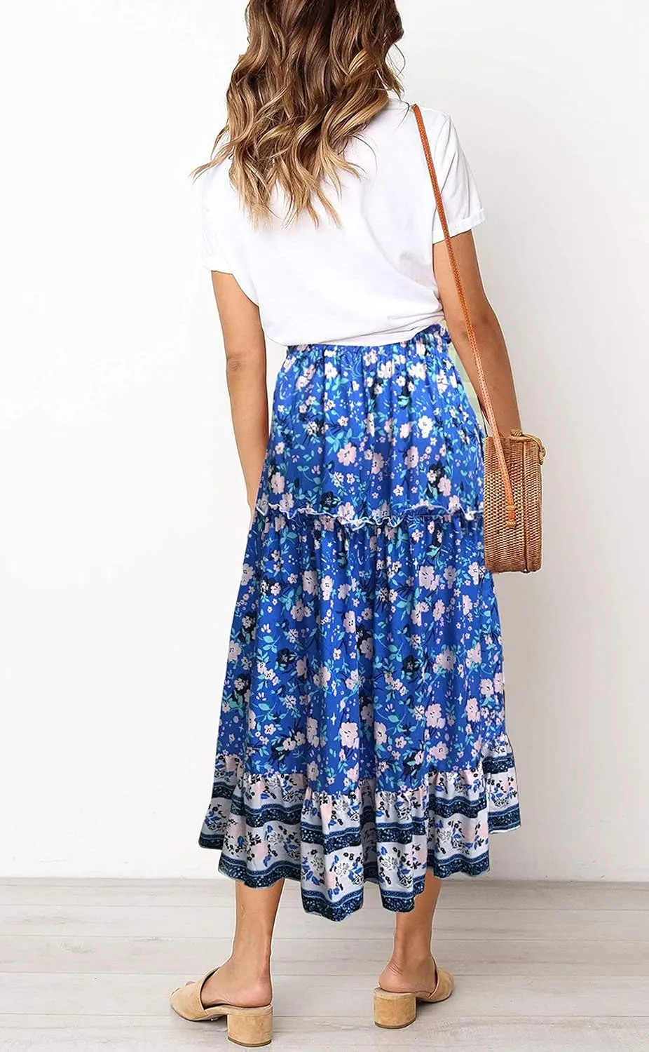 SimpleFun Women's Boho Floral Printed Elastic High Waist A Line Flowy Maxi Skirt with Pockets