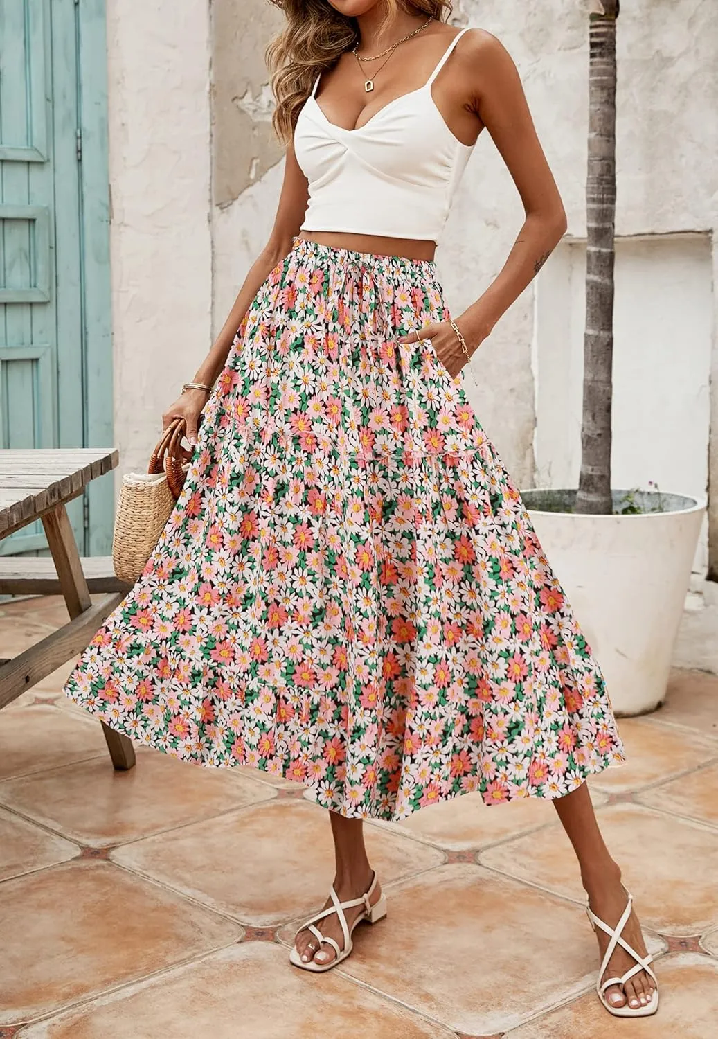 SimpleFun Women's Boho Floral Printed Elastic High Waist A Line Flowy Maxi Skirt with Pockets