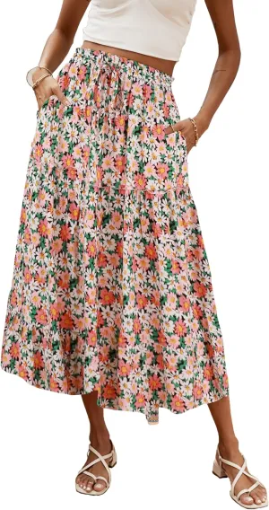 SimpleFun Women's Boho Floral Printed Elastic High Waist A Line Flowy Maxi Skirt with Pockets
