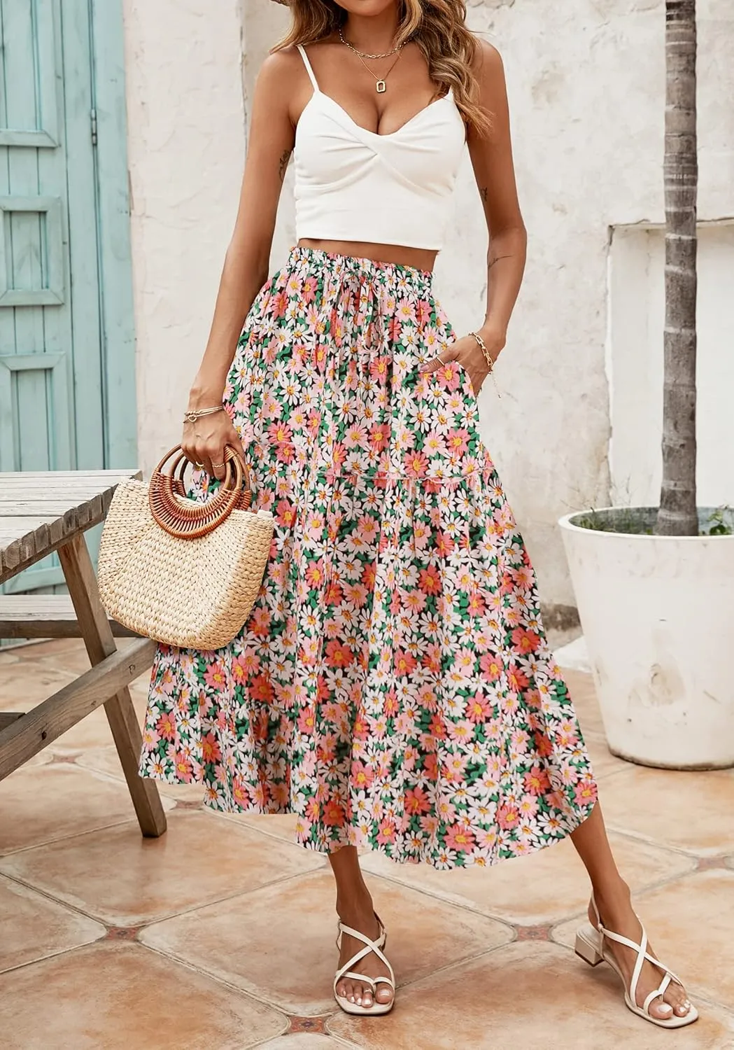 SimpleFun Women's Boho Floral Printed Elastic High Waist A Line Flowy Maxi Skirt with Pockets