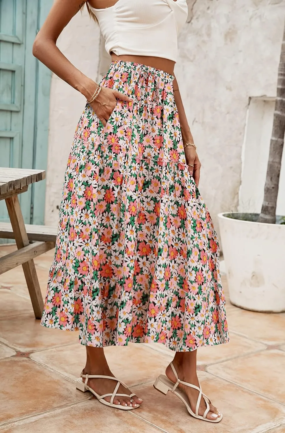 SimpleFun Women's Boho Floral Printed Elastic High Waist A Line Flowy Maxi Skirt with Pockets
