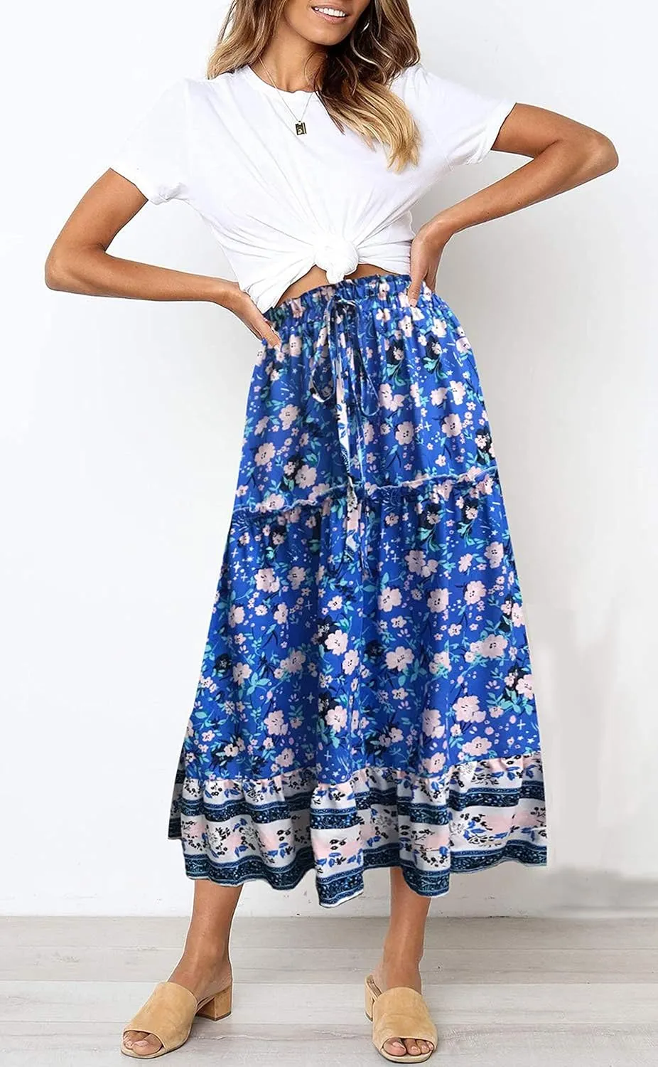SimpleFun Women's Boho Floral Printed Elastic High Waist A Line Flowy Maxi Skirt with Pockets