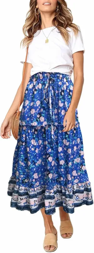 SimpleFun Women's Boho Floral Printed Elastic High Waist A Line Flowy Maxi Skirt with Pockets
