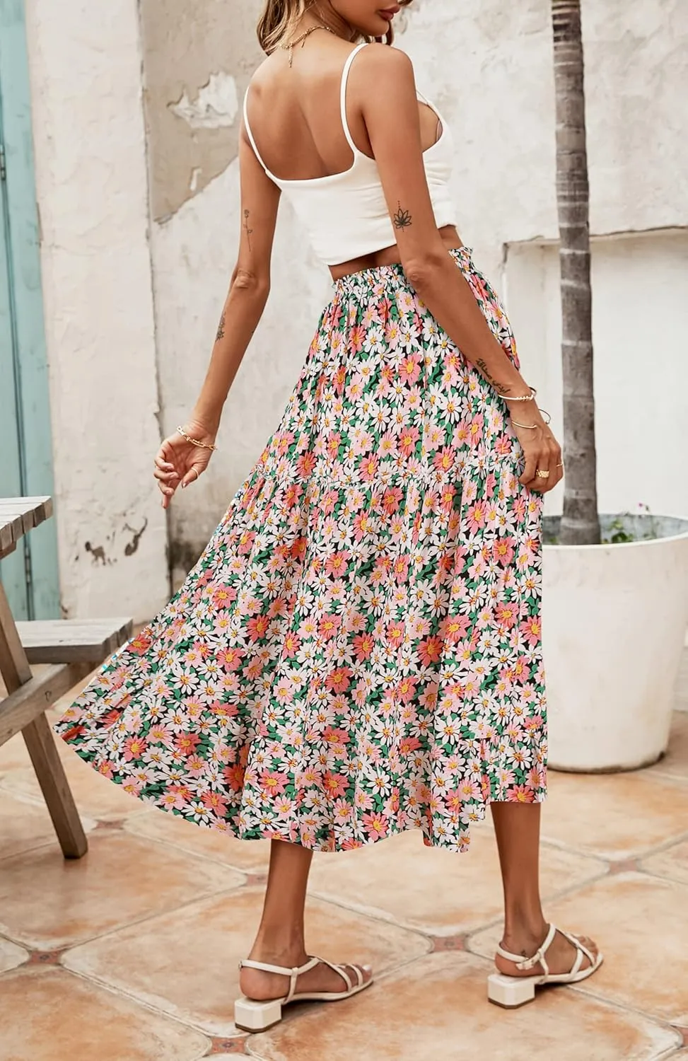 SimpleFun Women's Boho Floral Printed Elastic High Waist A Line Flowy Maxi Skirt with Pockets