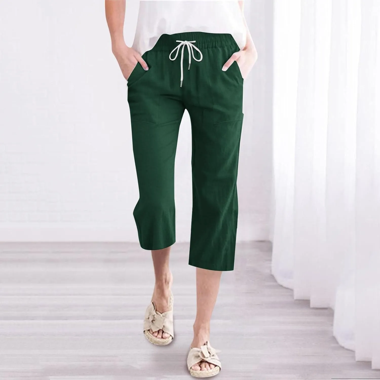 Summer Capri Pants for Women Cotton Linen Straight Leg Cropped Trousers High Waist Shorts Casual Pant with Pockets
