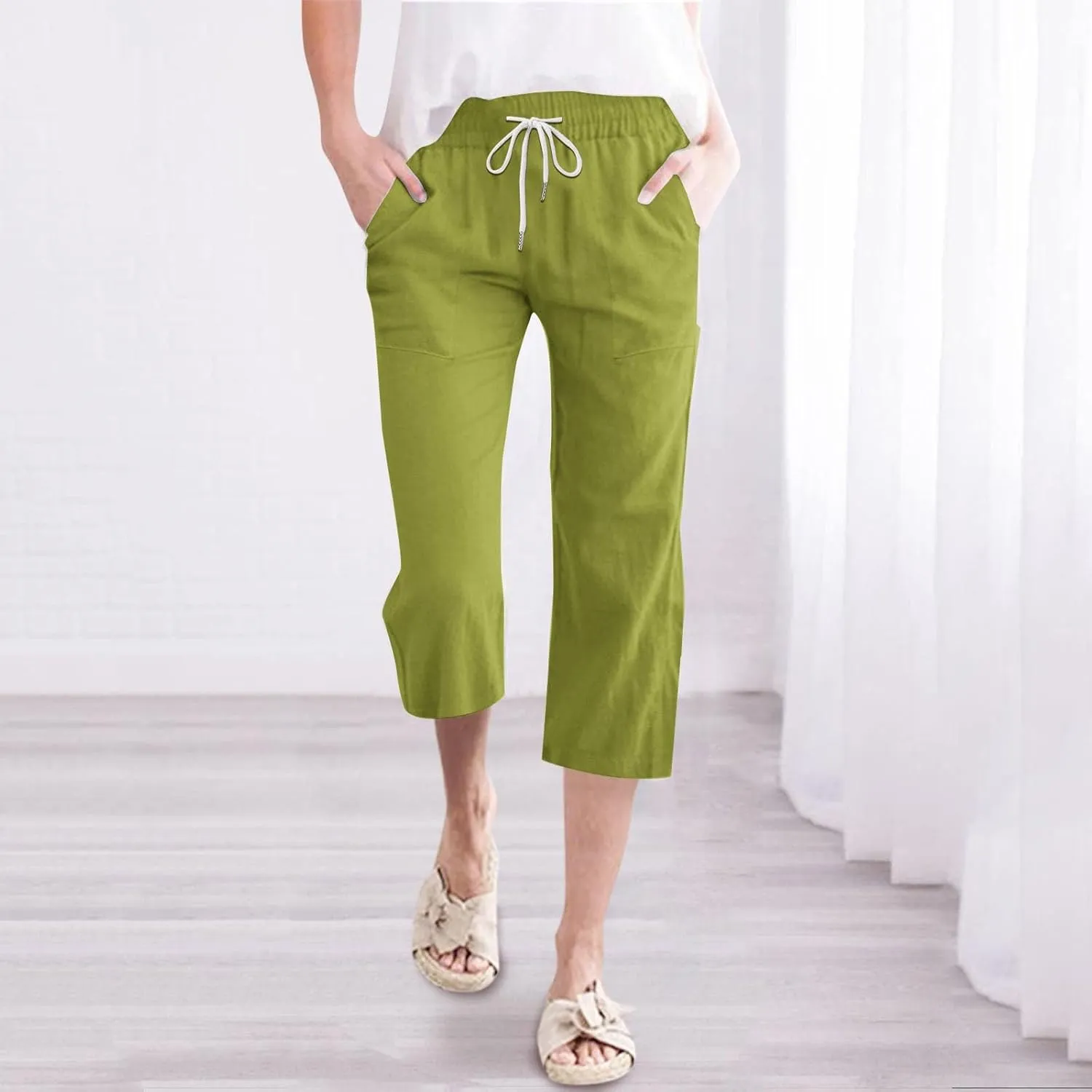 Summer Capri Pants for Women Cotton Linen Straight Leg Cropped Trousers High Waist Shorts Casual Pant with Pockets
