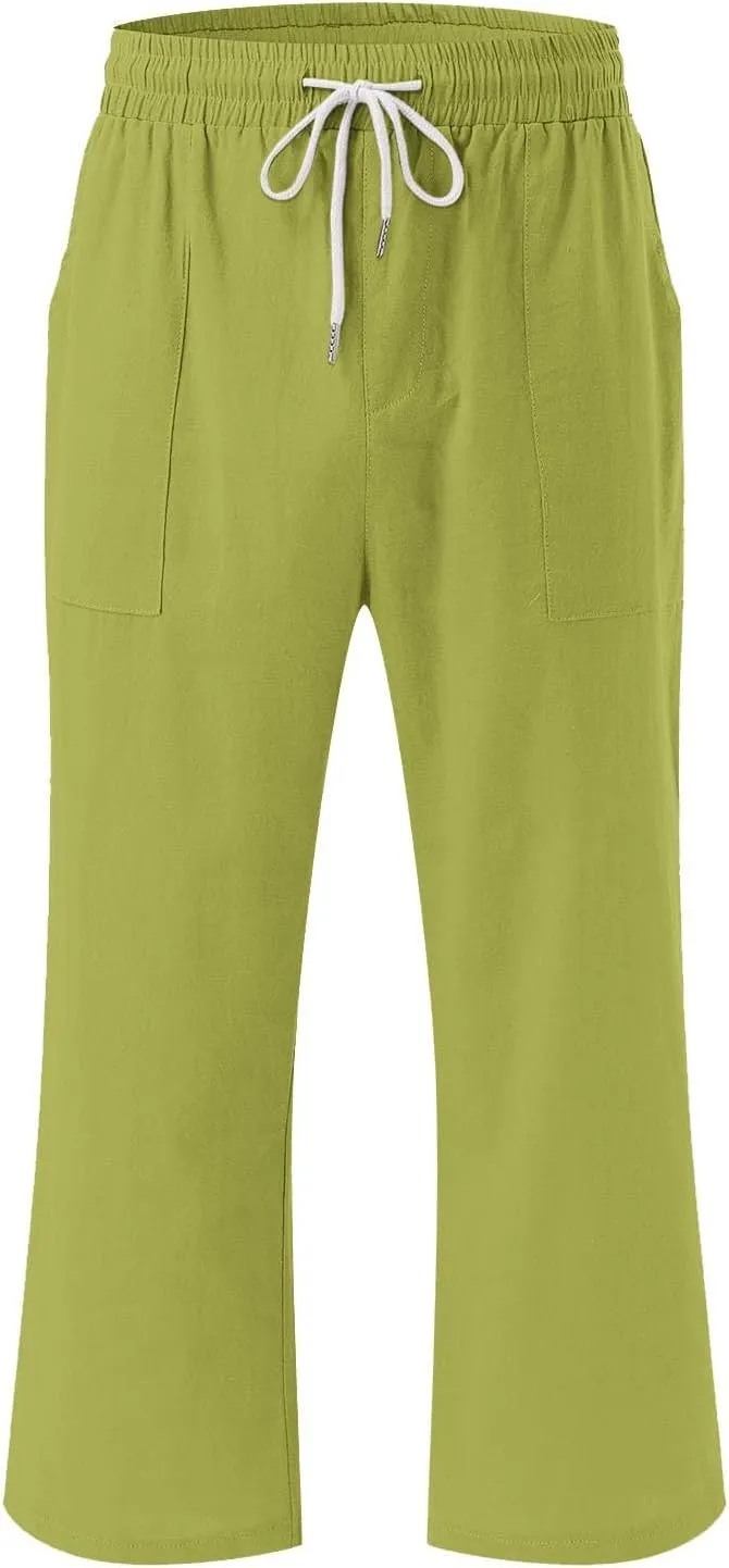 Summer Capri Pants for Women Cotton Linen Straight Leg Cropped Trousers High Waist Shorts Casual Pant with Pockets