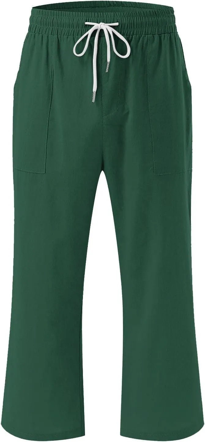 Summer Capri Pants for Women Cotton Linen Straight Leg Cropped Trousers High Waist Shorts Casual Pant with Pockets