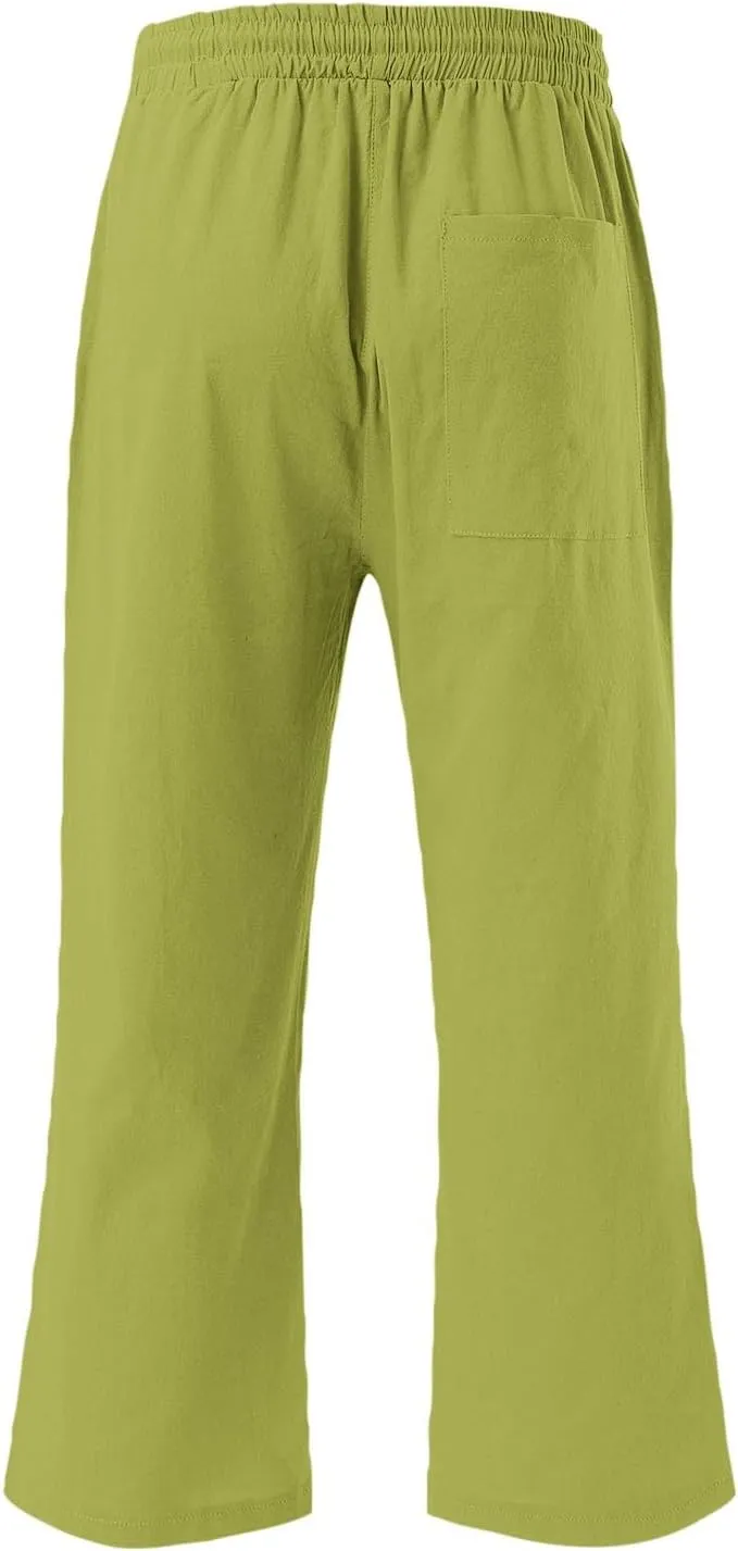 Summer Capri Pants for Women Cotton Linen Straight Leg Cropped Trousers High Waist Shorts Casual Pant with Pockets