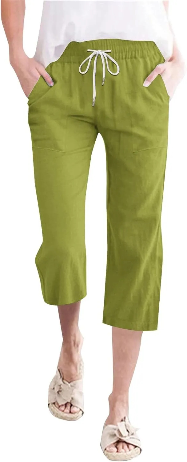 Summer Capri Pants for Women Cotton Linen Straight Leg Cropped Trousers High Waist Shorts Casual Pant with Pockets