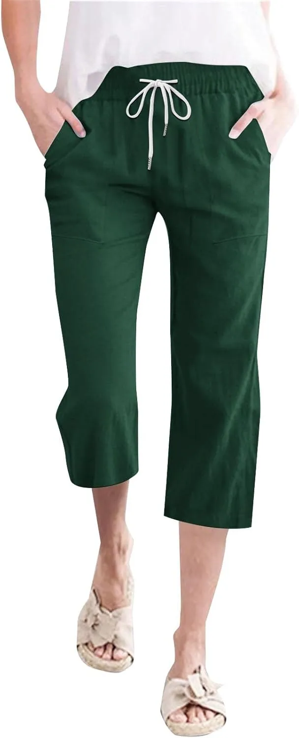 Summer Capri Pants for Women Cotton Linen Straight Leg Cropped Trousers High Waist Shorts Casual Pant with Pockets