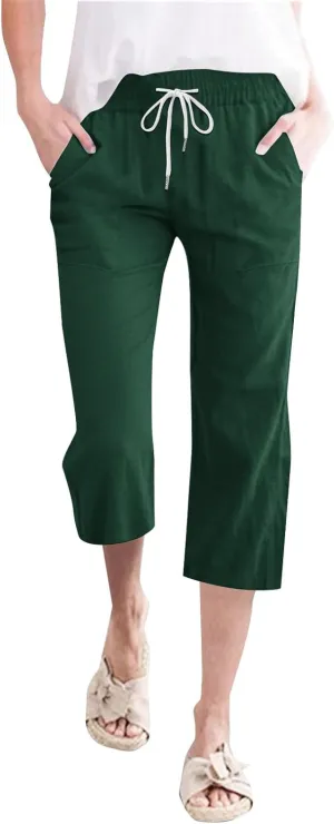 Summer Capri Pants for Women Cotton Linen Straight Leg Cropped Trousers High Waist Shorts Casual Pant with Pockets